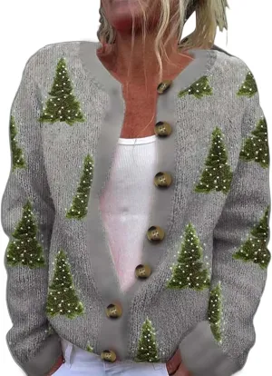 Christmas Cardigan for Women 2024 Ugly Xmas Knit Button Down Open Front Cardigan Sweater Winter Warm Coat Outwaer