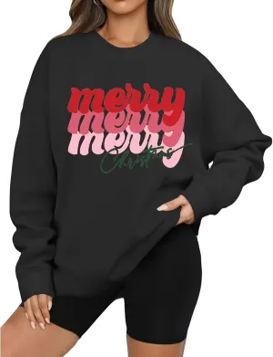 Christmas Sweatshirts for Women Oversized Fashion Graphic Merry Letter Shirt Long Sleeve Crewneck Pullover Xmas Tops
