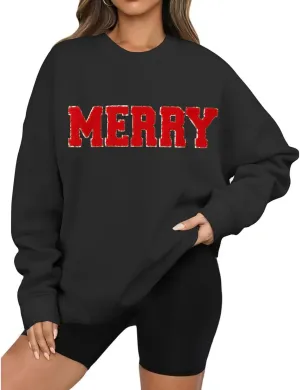 Christmas Sweatshirts for Women Oversized Fashion Graphic Merry Letter Shirt Long Sleeve Crewneck Pullover Xmas Tops
