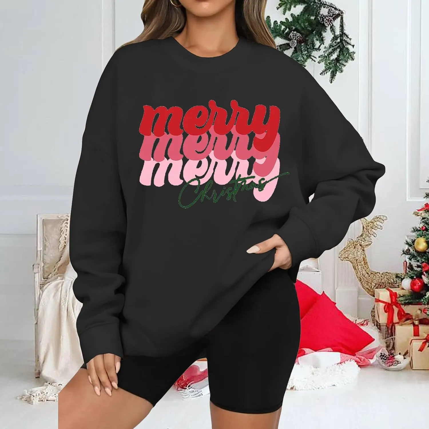 Christmas Sweatshirts for Women Oversized Fashion Graphic Merry Letter Shirt Long Sleeve Crewneck Pullover Xmas Tops