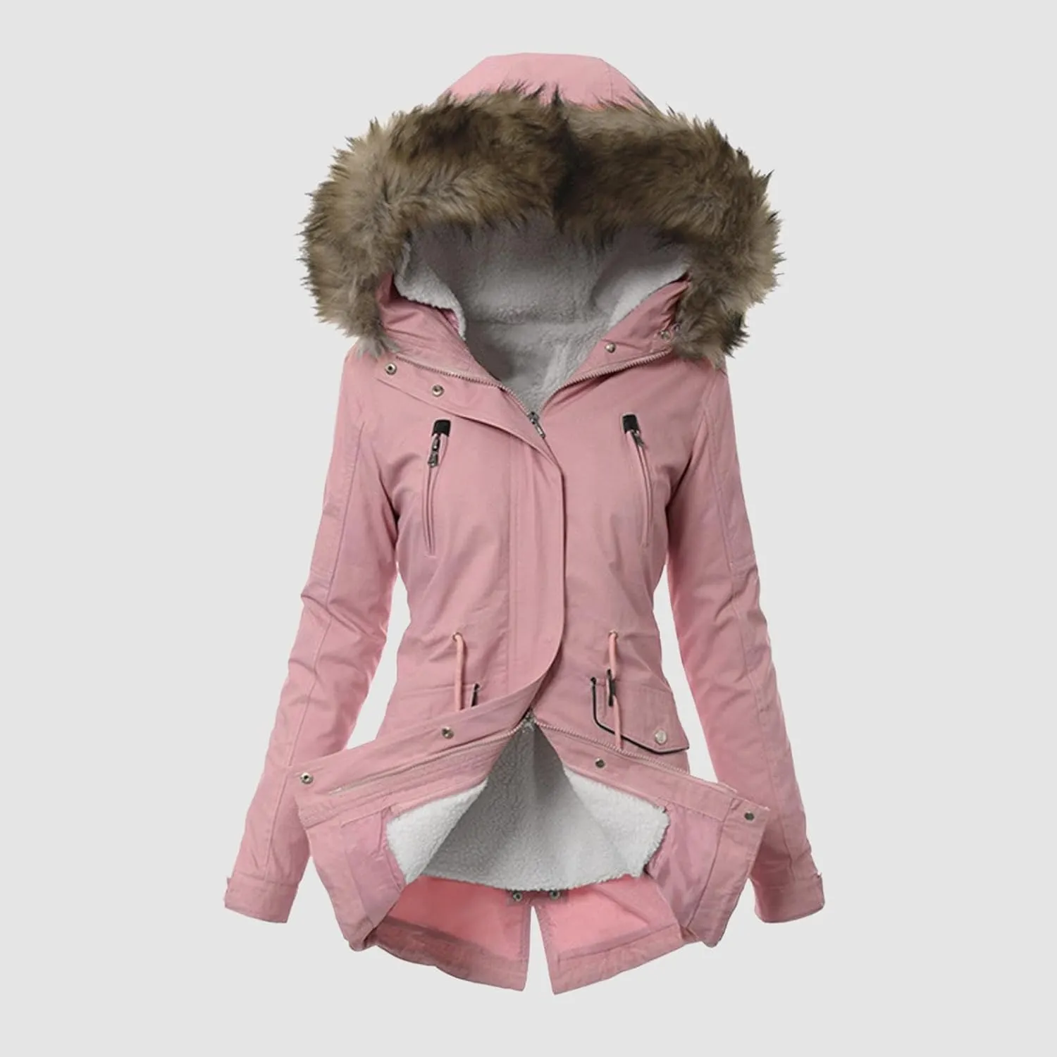 cooki Winter Coats for Women 2023 Trendy Women's Winter Sherpa Lined Faux Fur Hooded Mid Long Safari Parka Coat Puffer Jacket