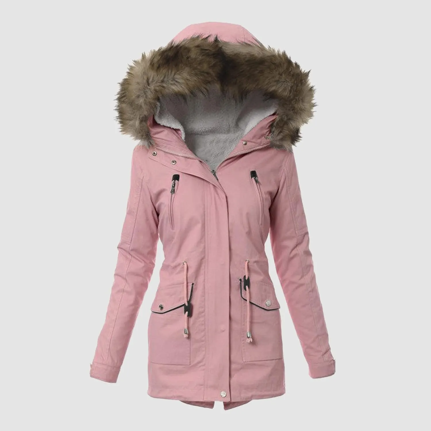cooki Winter Coats for Women 2023 Trendy Women's Winter Sherpa Lined Faux Fur Hooded Mid Long Safari Parka Coat Puffer Jacket