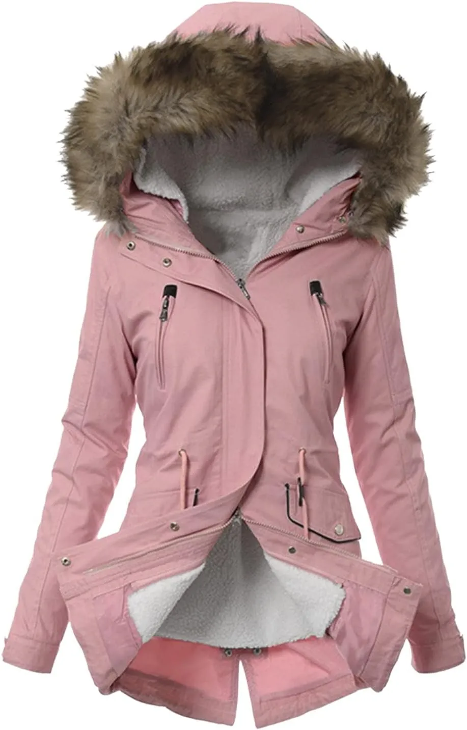 cooki Winter Coats for Women 2023 Trendy Women's Winter Sherpa Lined Faux Fur Hooded Mid Long Safari Parka Coat Puffer Jacket