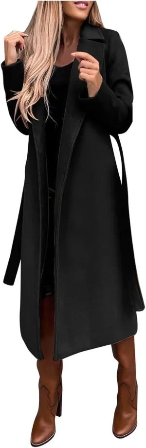 cooki Winter Coats for Women Warm Wool Blend Notch Lapel Open Front Belted Long Pea Coat Slim Fit Jackets Trench Coats