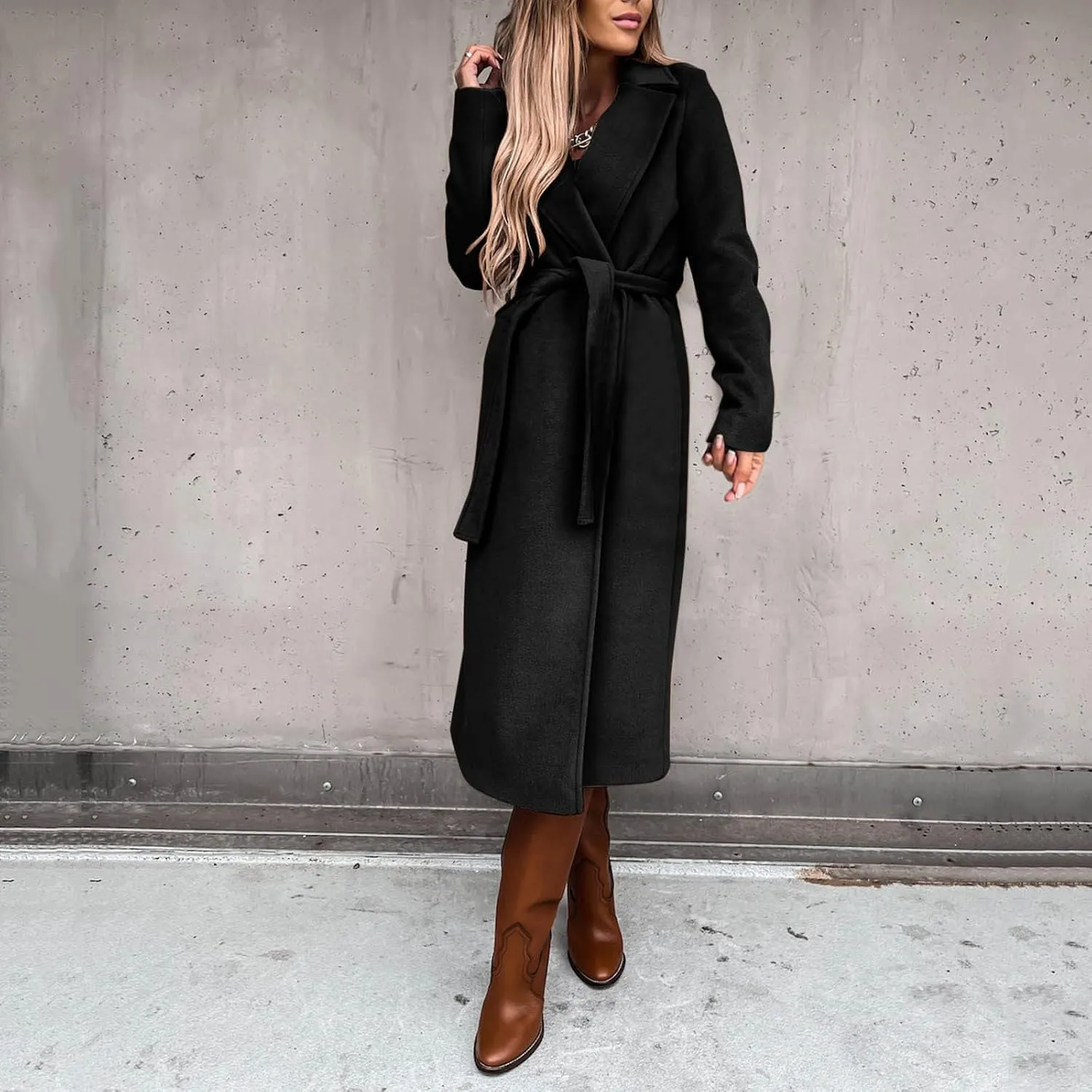 cooki Winter Coats for Women Warm Wool Blend Notch Lapel Open Front Belted Long Pea Coat Slim Fit Jackets Trench Coats