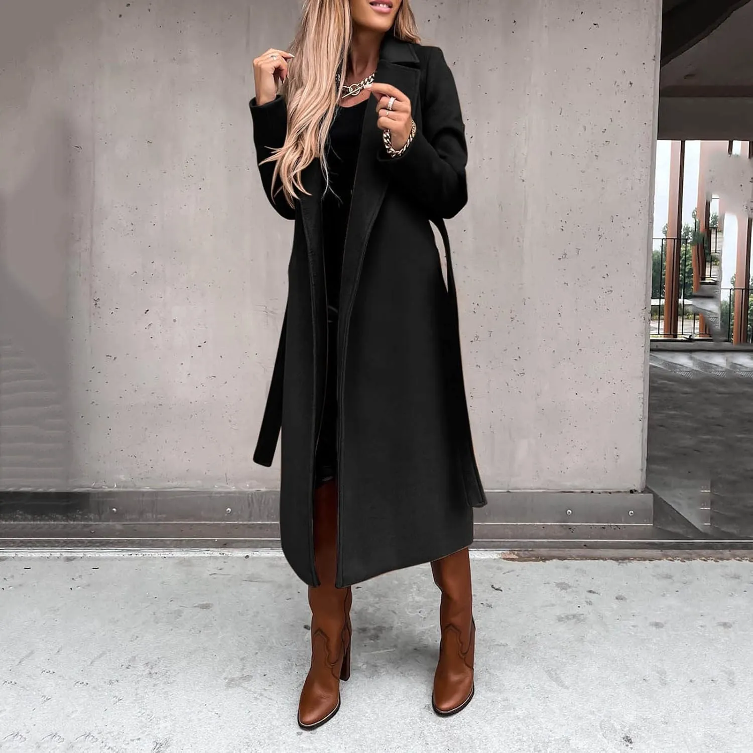 cooki Winter Coats for Women Warm Wool Blend Notch Lapel Open Front Belted Long Pea Coat Slim Fit Jackets Trench Coats