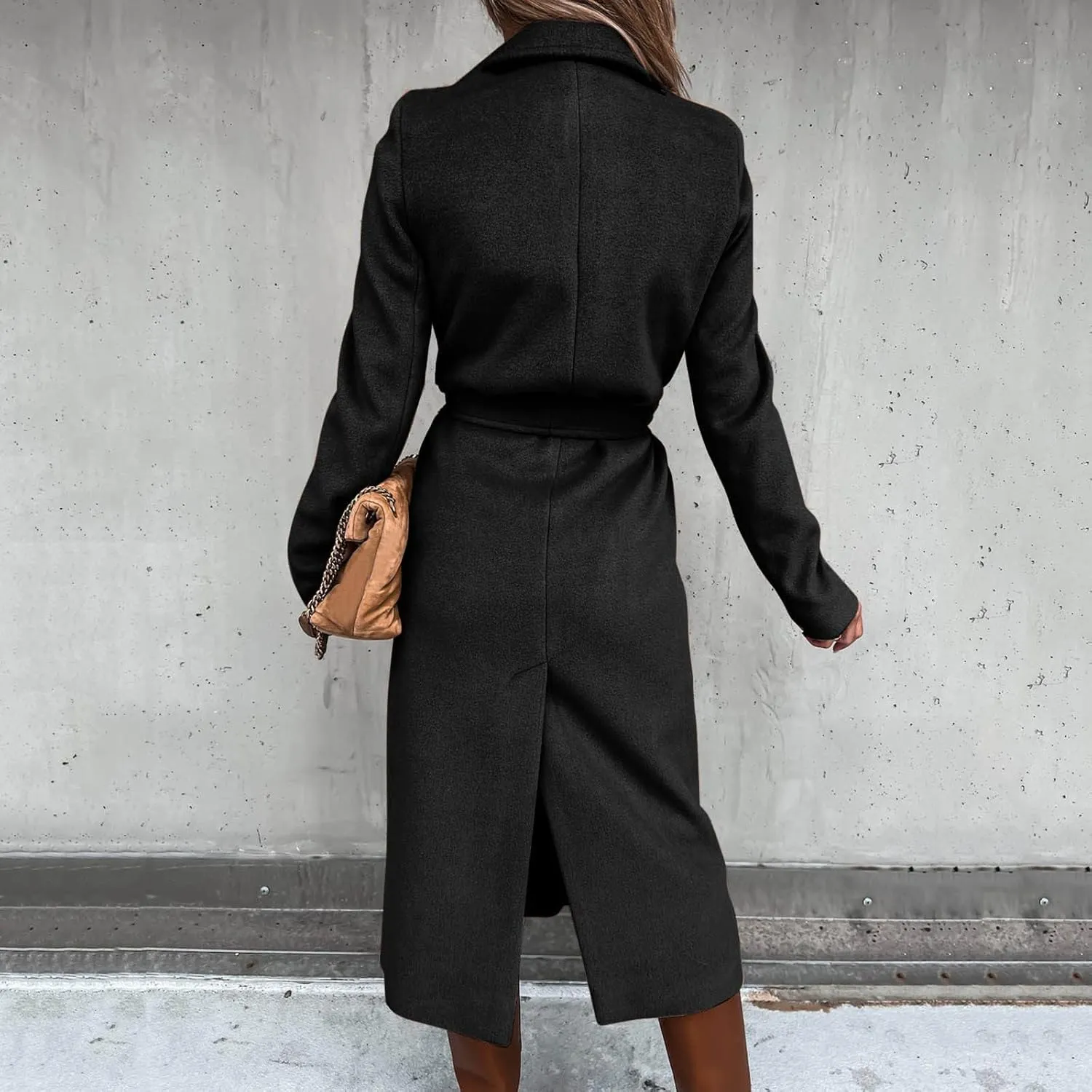 cooki Winter Coats for Women Warm Wool Blend Notch Lapel Open Front Belted Long Pea Coat Slim Fit Jackets Trench Coats
