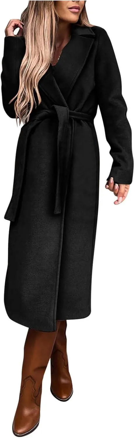 cooki Winter Coats for Women Warm Wool Blend Notch Lapel Open Front Belted Long Pea Coat Slim Fit Jackets Trench Coats