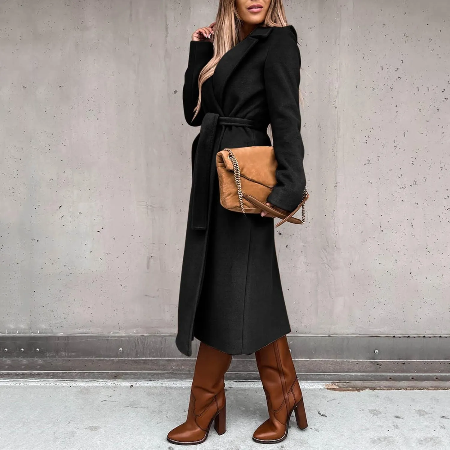 cooki Winter Coats for Women Warm Wool Blend Notch Lapel Open Front Belted Long Pea Coat Slim Fit Jackets Trench Coats