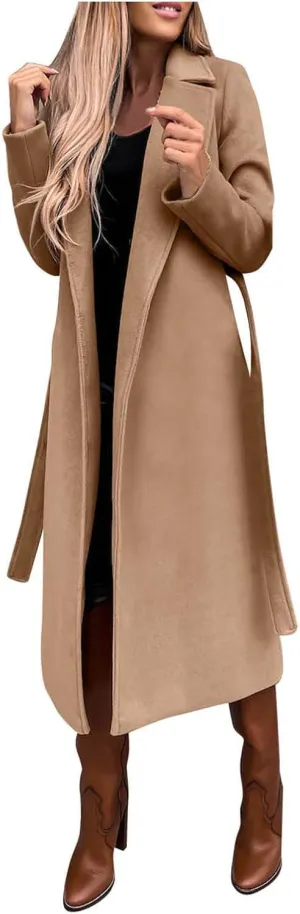 cooki Winter Coats Womens Warm Wool Blend Notch Lapel Open Front Belted Long Pea Coat Slim Fit Jackets Trench Coats