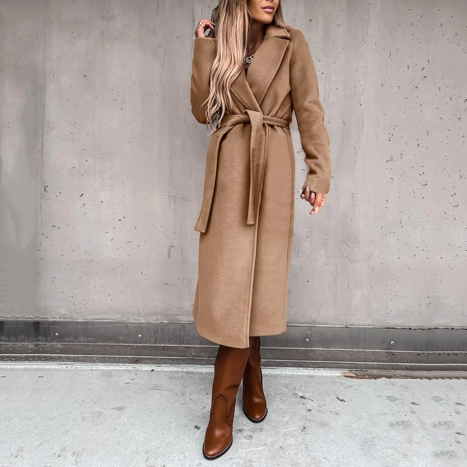 cooki Winter Coats Womens Warm Wool Blend Notch Lapel Open Front Belted Long Pea Coat Slim Fit Jackets Trench Coats