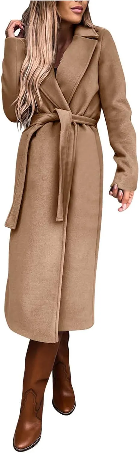 cooki Winter Coats Womens Warm Wool Blend Notch Lapel Open Front Belted Long Pea Coat Slim Fit Jackets Trench Coats