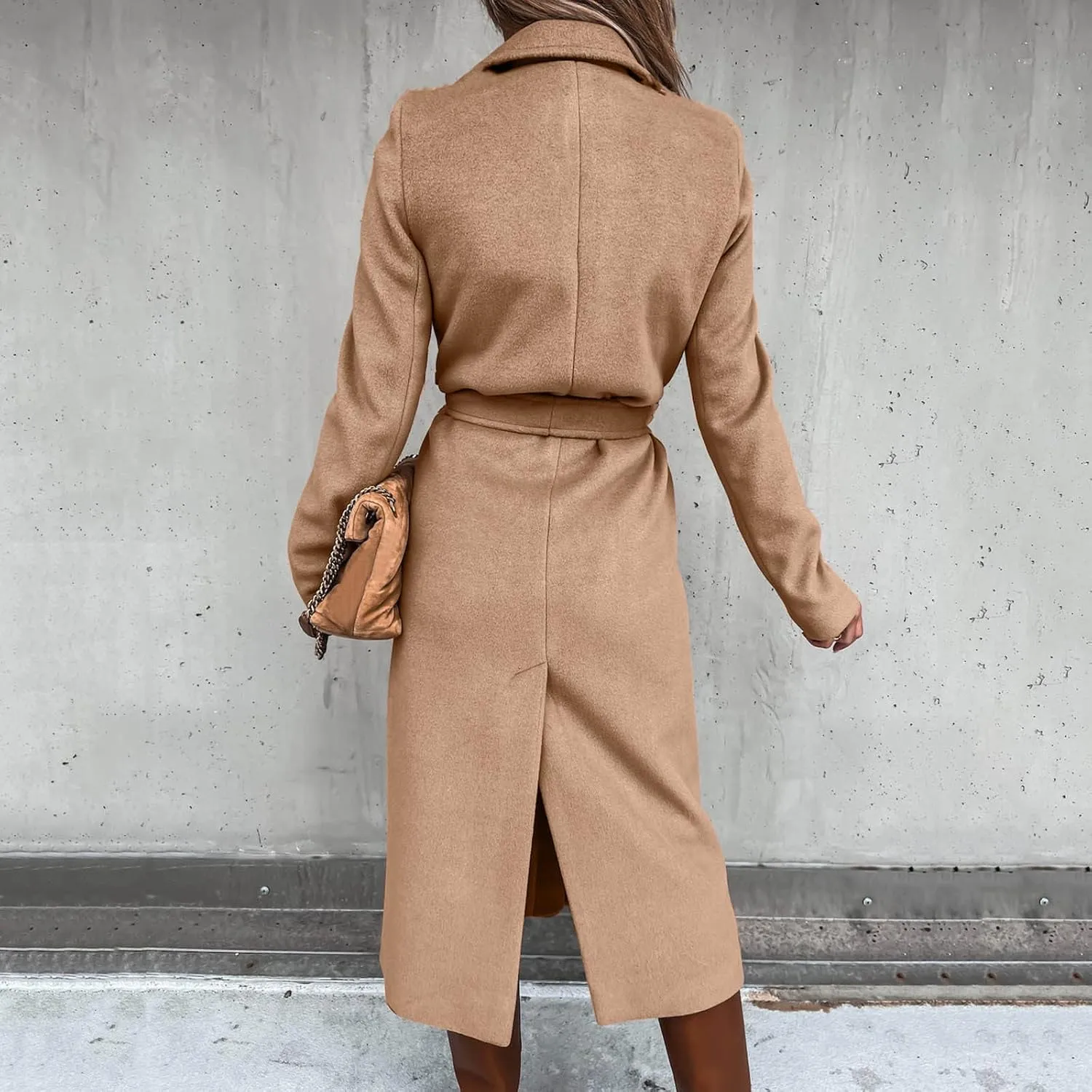 cooki Winter Coats Womens Warm Wool Blend Notch Lapel Open Front Belted Long Pea Coat Slim Fit Jackets Trench Coats