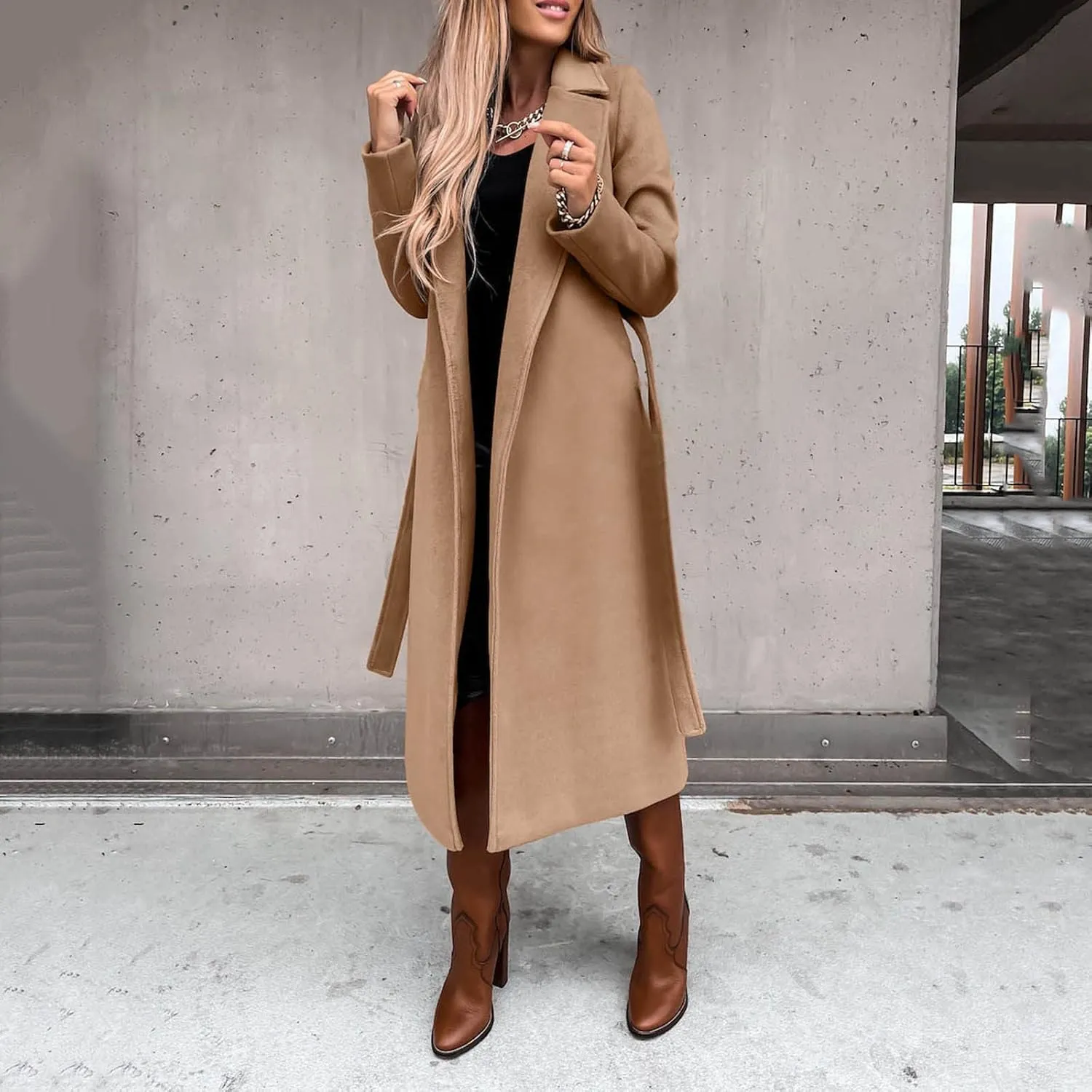 cooki Winter Coats Womens Warm Wool Blend Notch Lapel Open Front Belted Long Pea Coat Slim Fit Jackets Trench Coats