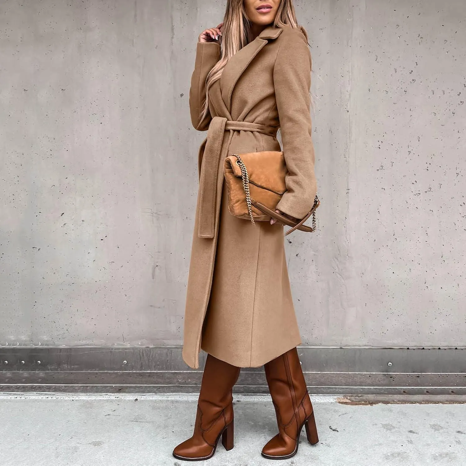 cooki Winter Coats Womens Warm Wool Blend Notch Lapel Open Front Belted Long Pea Coat Slim Fit Jackets Trench Coats