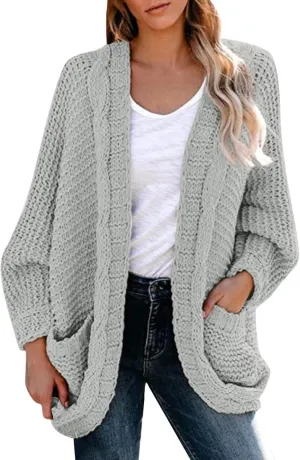 cooki Women's 2024 Fall Open Front Cardigan Long Batwing Sleeve Chunky Knit Sweater Loose Outerwear Coats with Pockets