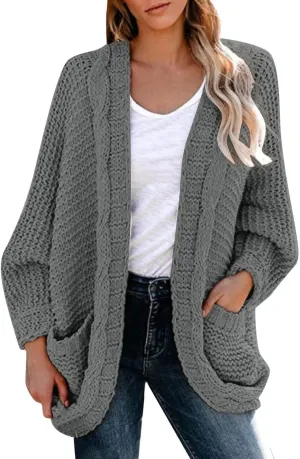cooki Women's 2024 Fall Open Front Cardigan Long Batwing Sleeve Chunky Knit Sweater Loose Outerwear Coats with Pockets