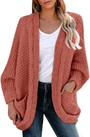 cooki Women's 2024 Fall Open Front Cardigan Long Batwing Sleeve Chunky Knit Sweater Loose Outerwear Coats with Pockets