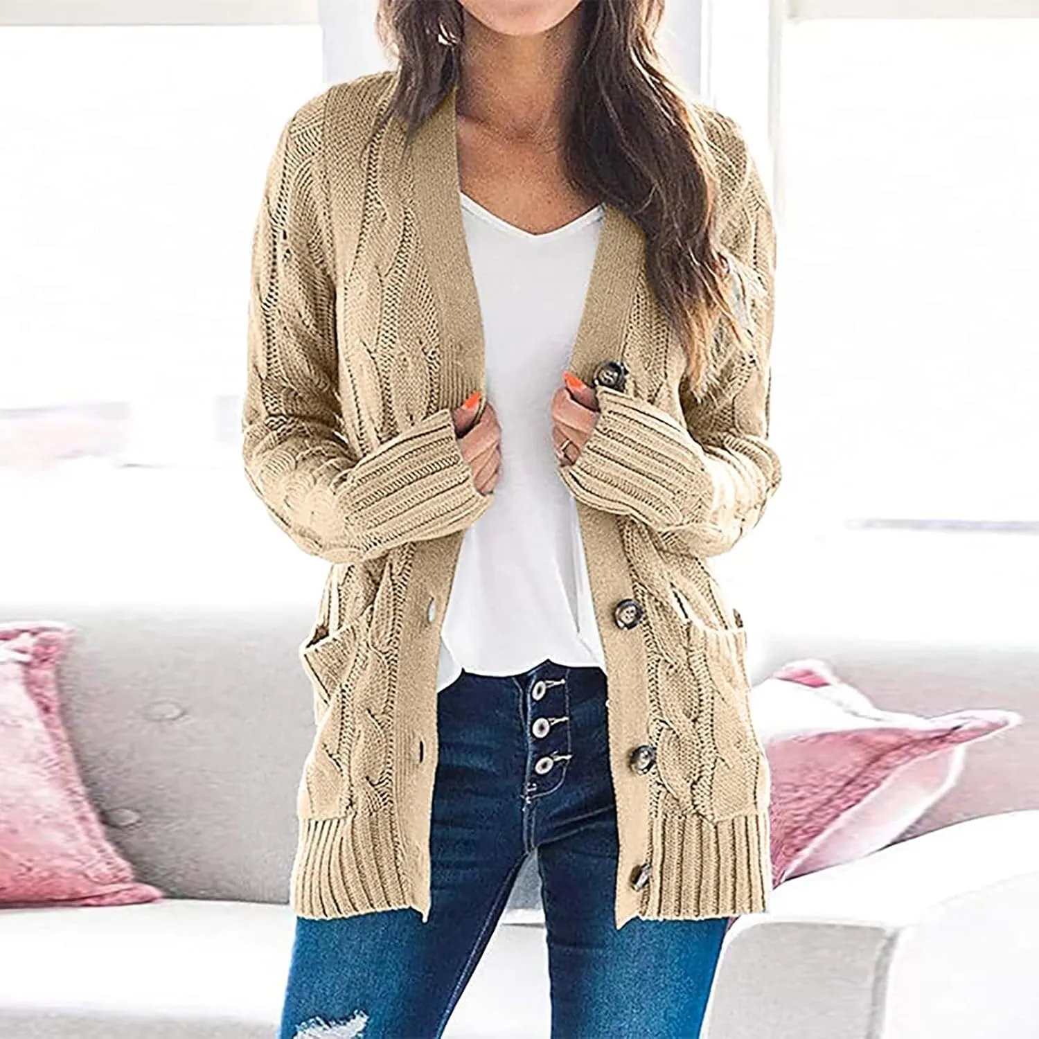 cooki Womens Cardigan Sweaters Fall Women's Open Front Fashion Button Down Cable Knit Chunky Sweater Jackets Coats