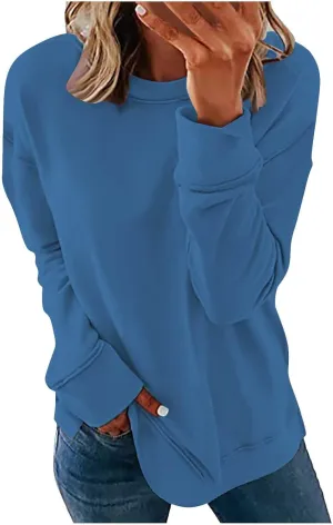 Crew Neck Sweatshirts Women Casual Loose Soft Long Sleeve Pullover Color Block Side Split Tops Lightweight Fall Outfit