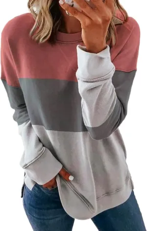 Crew Neck Sweatshirts Women Casual Loose Soft Long Sleeve Pullover Color Block Side Split Tops Lightweight Fall Outfit