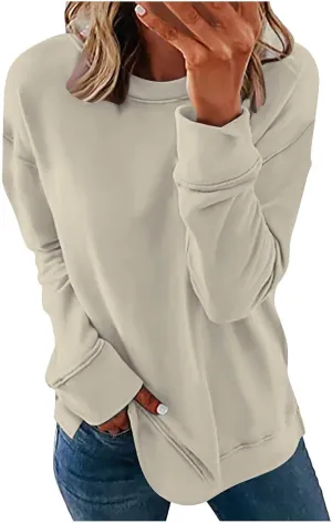 Crew Neck Sweatshirts Women Casual Loose Soft Long Sleeve Pullover Color Block Side Split Tops Lightweight Fall Outfit