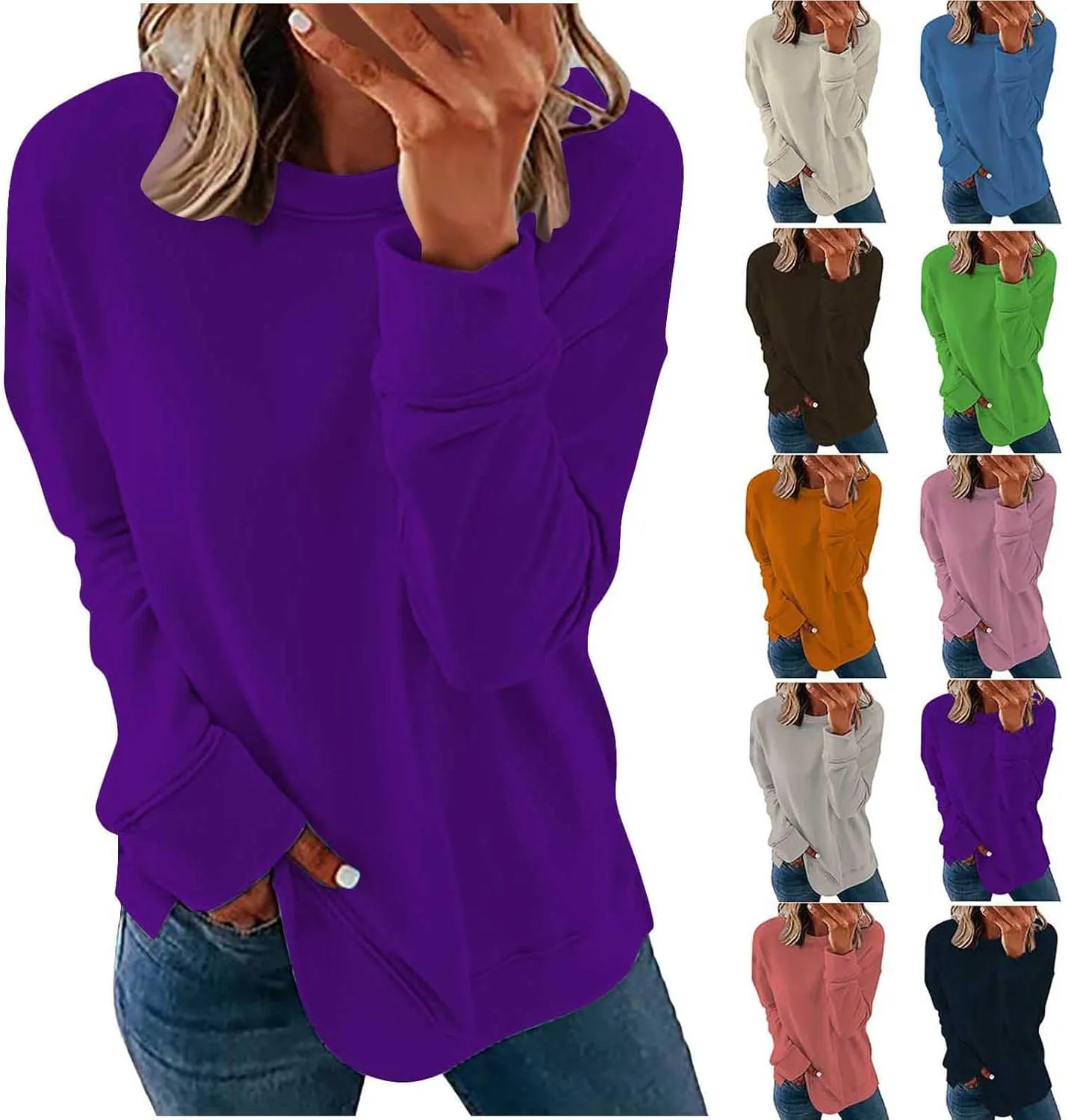 Crew Neck Sweatshirts Women Casual Loose Soft Long Sleeve Pullover Color Block Side Split Tops Lightweight Fall Outfit