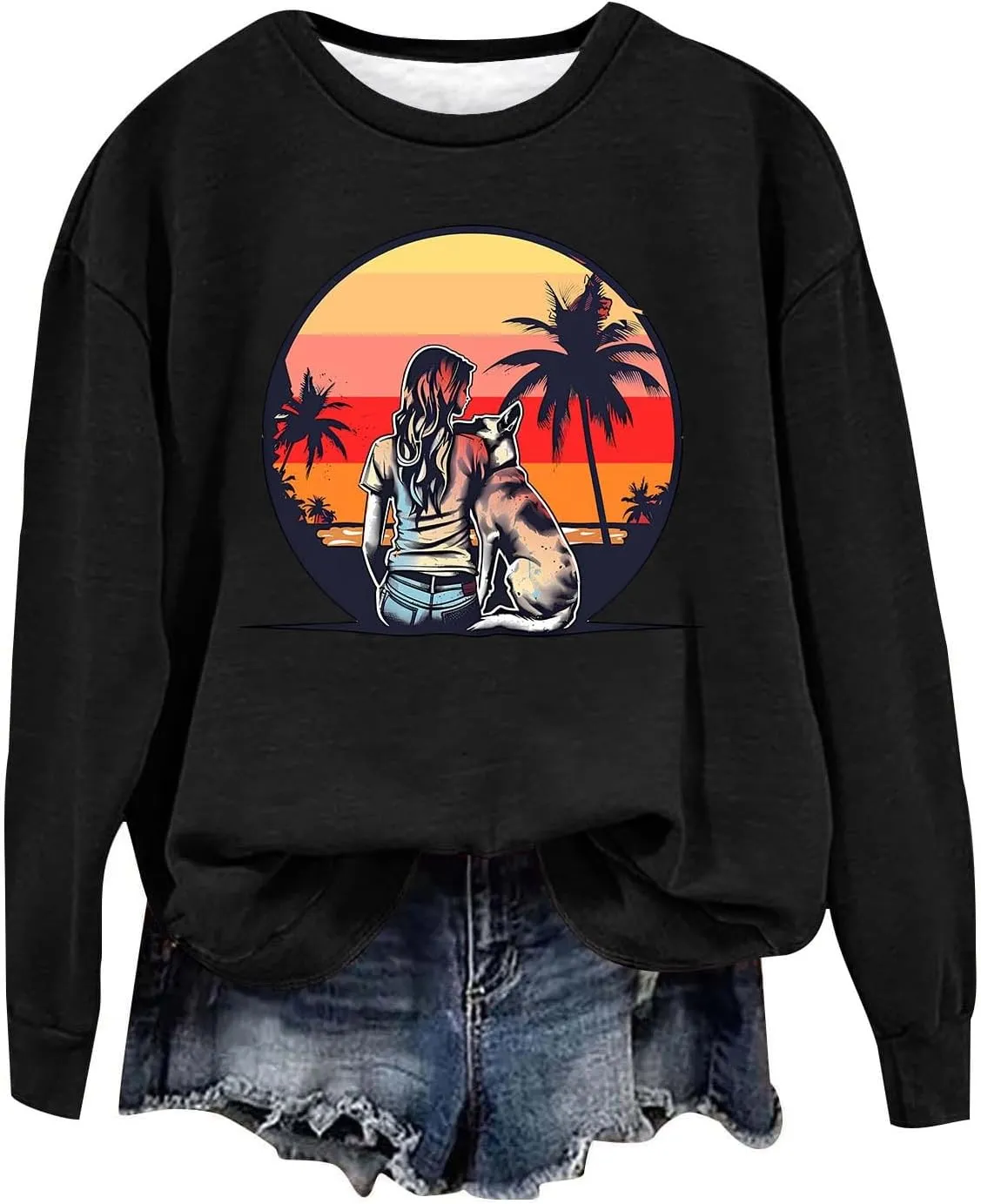 Crew Neck Sweatshirts Women Long Sleeve Casual Loose Fit Graphic Print Pullover Tops Fleece Lightweight Fashion Tops