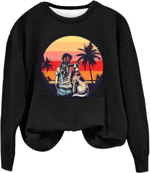 Crew Neck Sweatshirts Women Long Sleeve Casual Loose Fit Graphic Print Pullover Tops Fleece Lightweight Fashion Tops