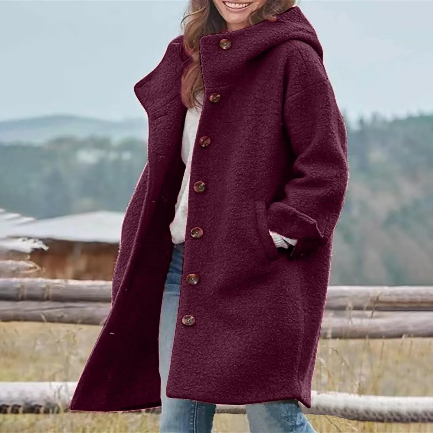 CRNTCEM Womens Wool Blend Pea Coat Fashion Winter Warm Dressy Overcoat Single Breasted Solid Casual Hooded Trench Jackets