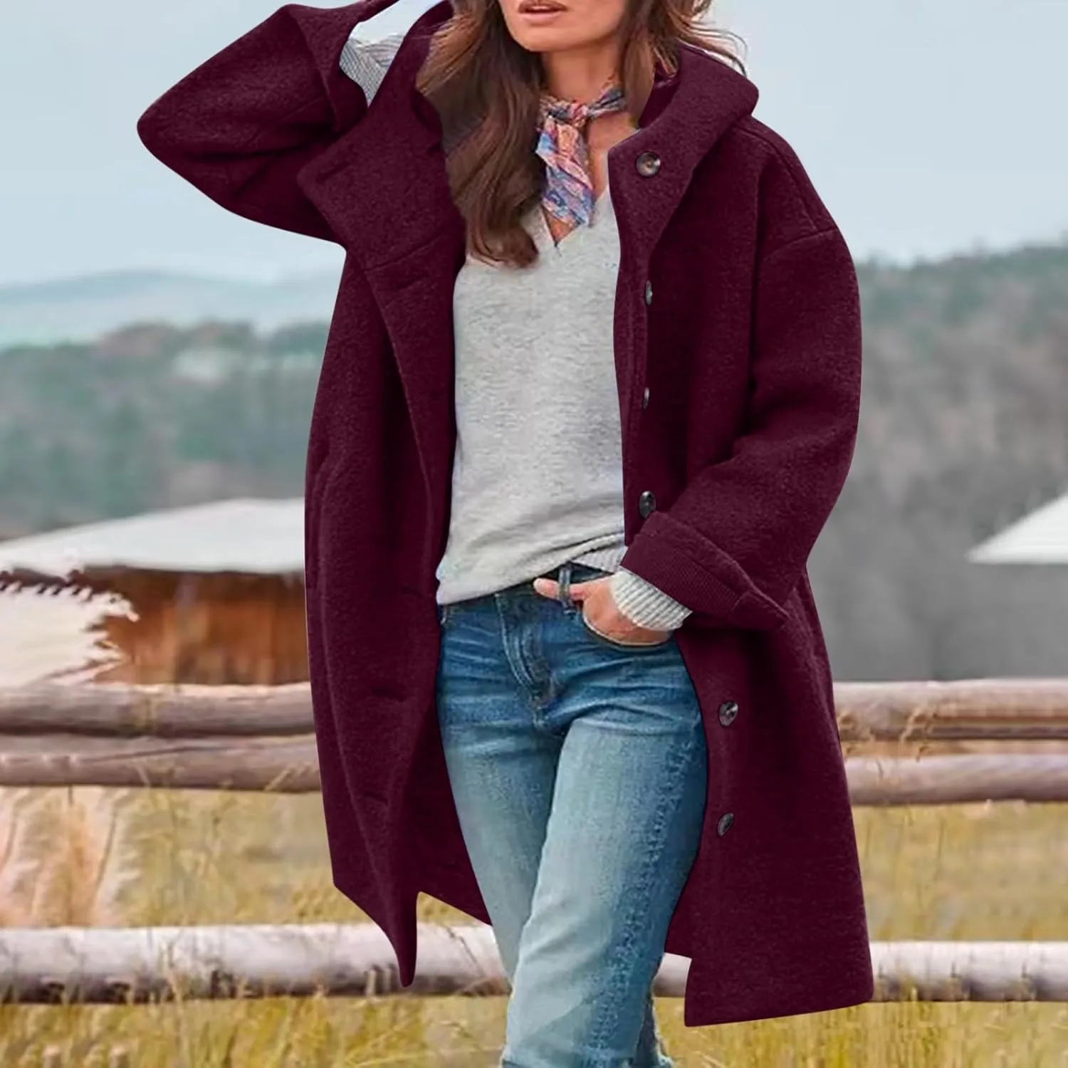 CRNTCEM Womens Wool Blend Pea Coat Fashion Winter Warm Dressy Overcoat Single Breasted Solid Casual Hooded Trench Jackets