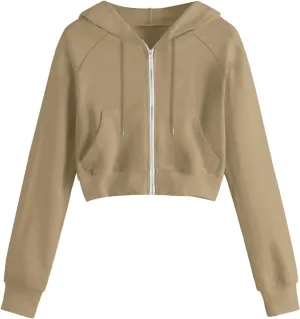 Cropped Hoodies for Women Trendy Zip Up Crop Sweatshirt Fashion Long Sleeve Solid Color Hooded Track Jacket