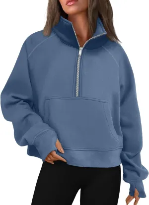 Cropped Sweatshirts for Women Half Zip Preppy Sweatshirt Fleece Lightweight Sweatshirts with Pockets Batwing Sweaters