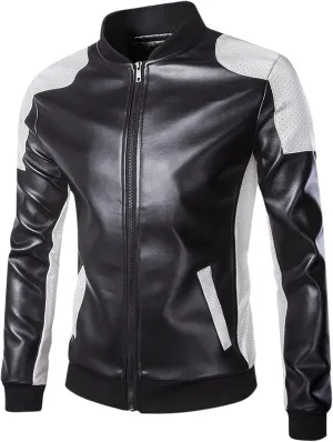 Dgoopd Men Leather Jacket Color Block Motorcycle Jacket Zip up Biker Jacket Plus Size PU Leather Coat Vintage Moto Jacket