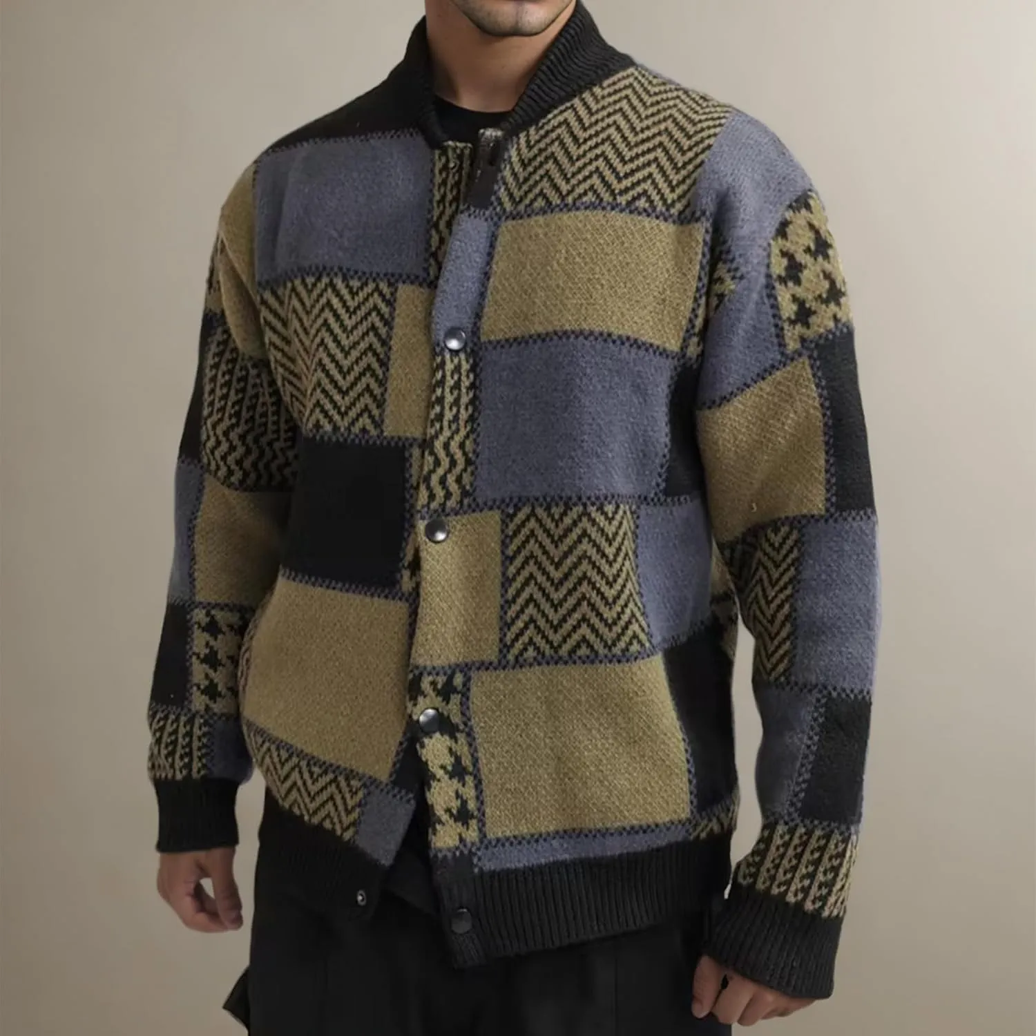 Dgoopd Mens Plaid Cardigan Sweater Ruffle Cable Knit Sweater Shawl Collar Cardigan Button Down Sweaters Thermal Outwear