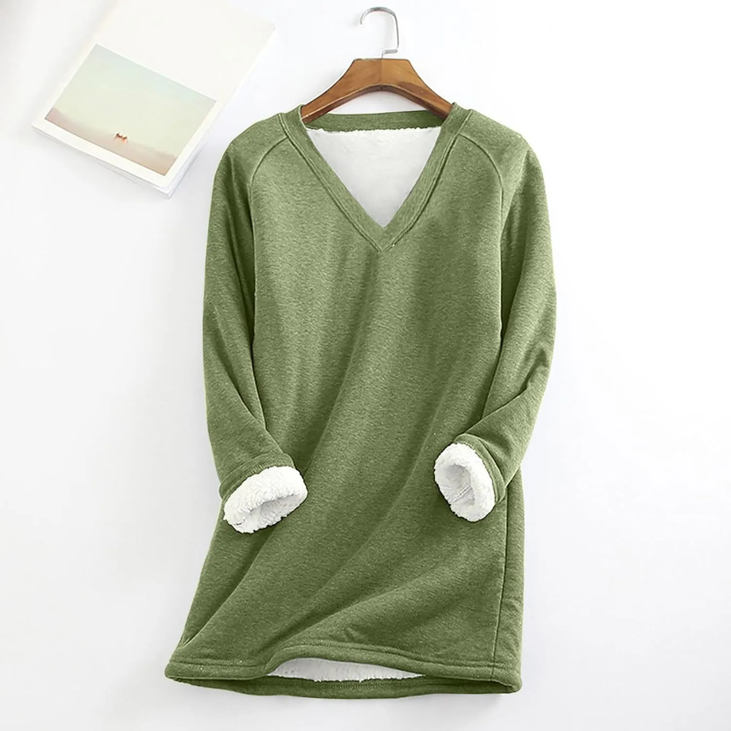 DOLKFU Women's Long Sleeve Soft Hoodies Comfortable Thick Fleece Pullover Shirts V Neck Warm Winter Underwear Tops