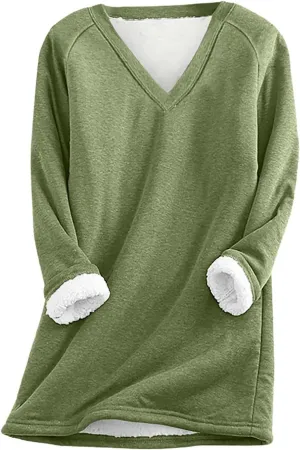 DOLKFU Women's Long Sleeve Soft Hoodies Comfortable Thick Fleece Pullover Shirts V Neck Warm Winter Underwear Tops