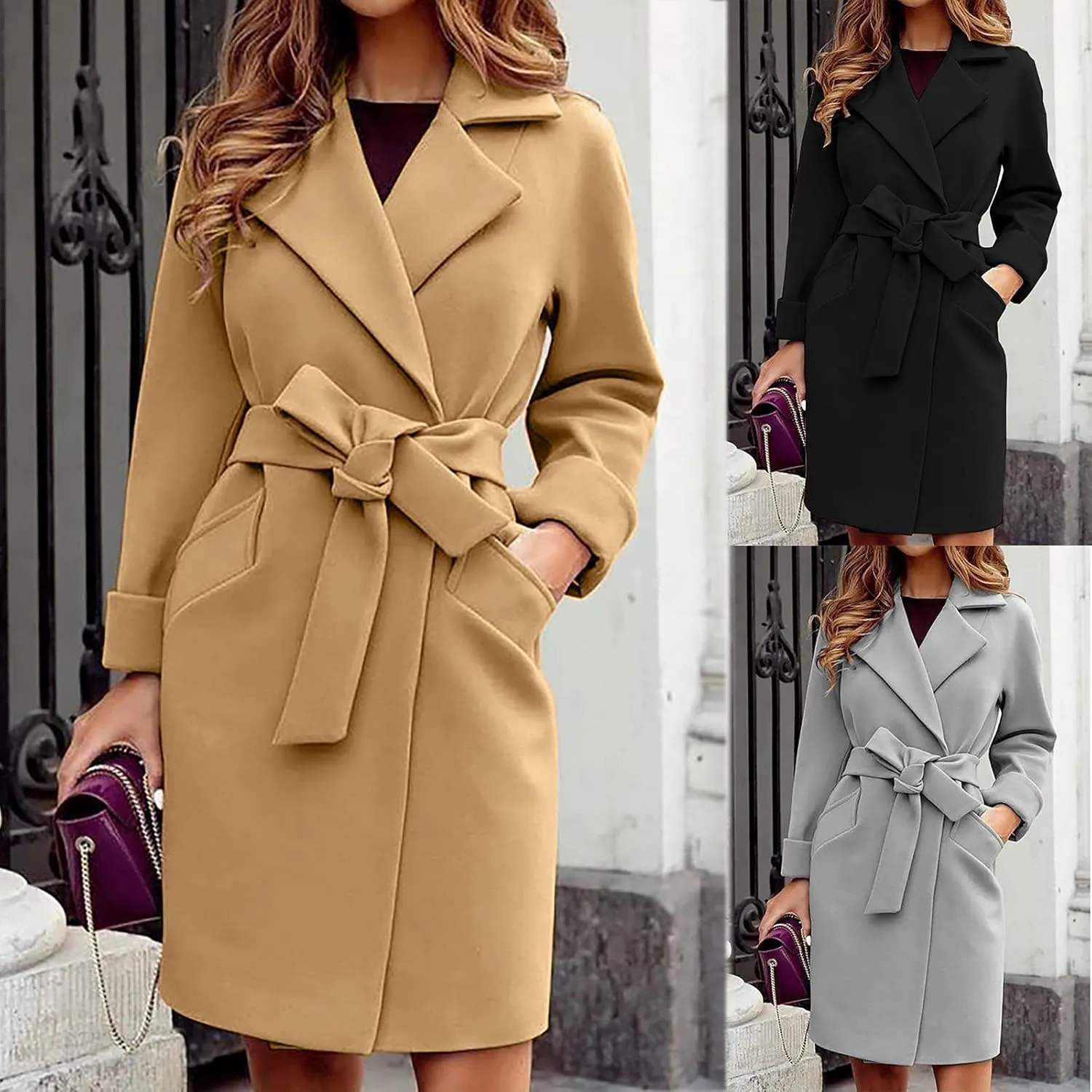 Dress Coats for Women Classic Notch Lapel Collar Trench Coats Winter Belted Open Front Mid-Long Wool Pea Coats Outwear