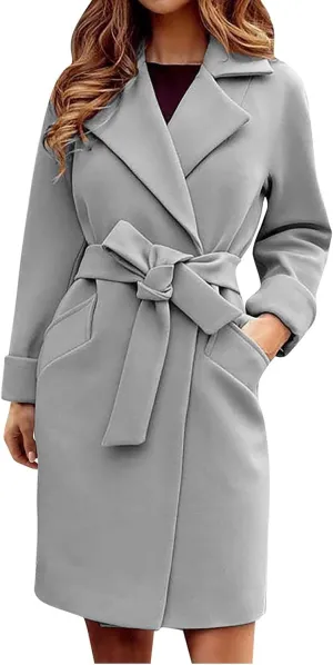 Dress Coats for Women Classic Notch Lapel Collar Trench Coats Winter Belted Open Front Mid-Long Wool Pea Coats Outwear