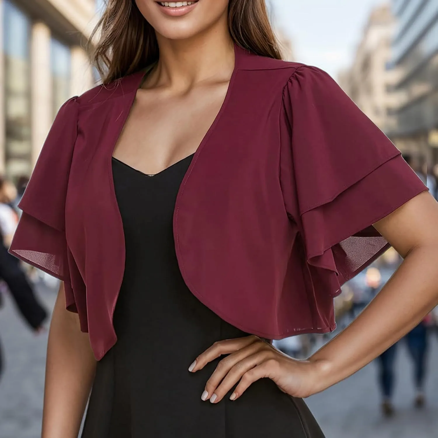 Dressy Ruffle Bolero for Women Short Sleeve Shrugs Lightweight Open Front Cropped Cardigan for Women Over Dress