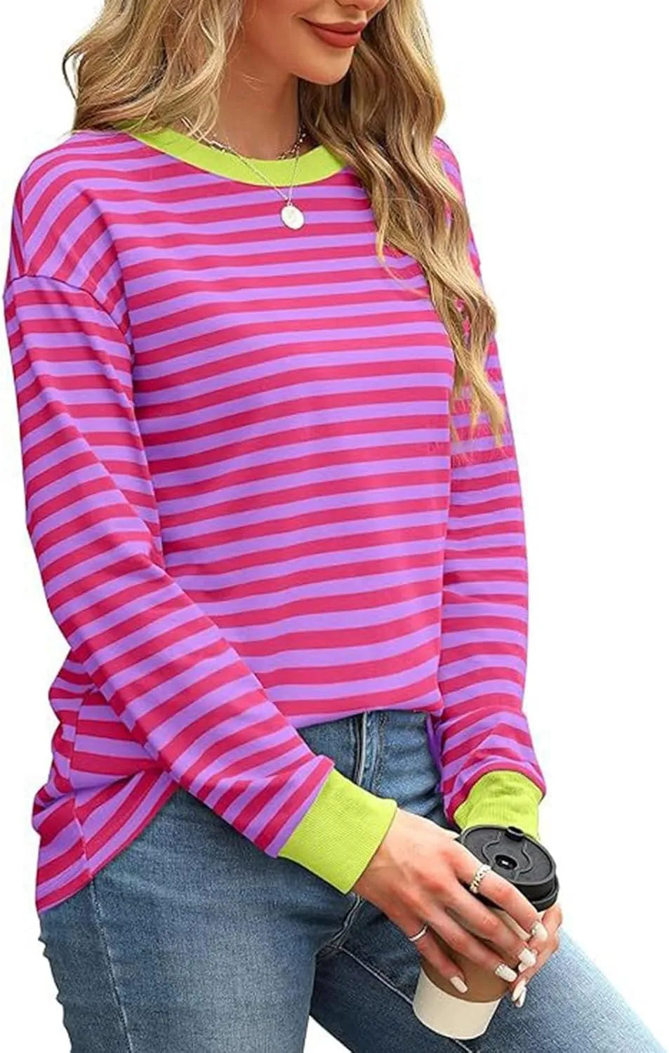 Dressy Striped Tops for Women Round Neck Long Sleeve Drop Shoulder Loose Comfy Tuncis Daily Fashion Work Sweatshirts