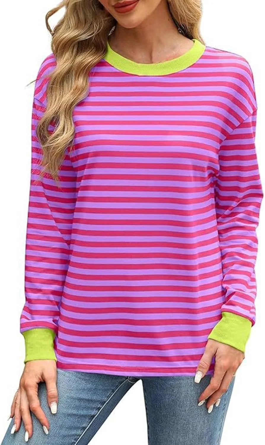 Dressy Striped Tops for Women Round Neck Long Sleeve Drop Shoulder Loose Comfy Tuncis Daily Fashion Work Sweatshirts