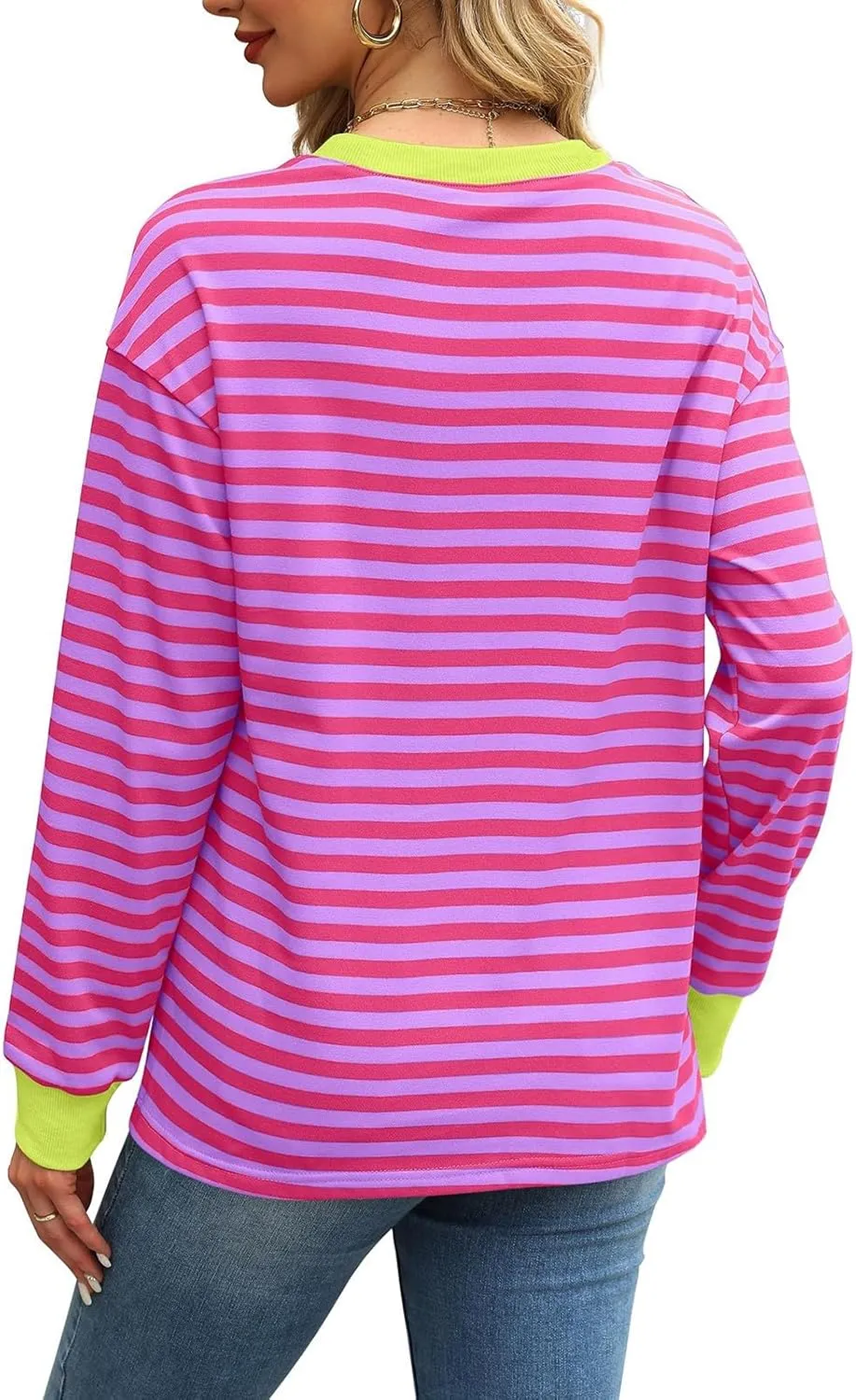 Dressy Striped Tops for Women Round Neck Long Sleeve Drop Shoulder Loose Comfy Tuncis Daily Fashion Work Sweatshirts