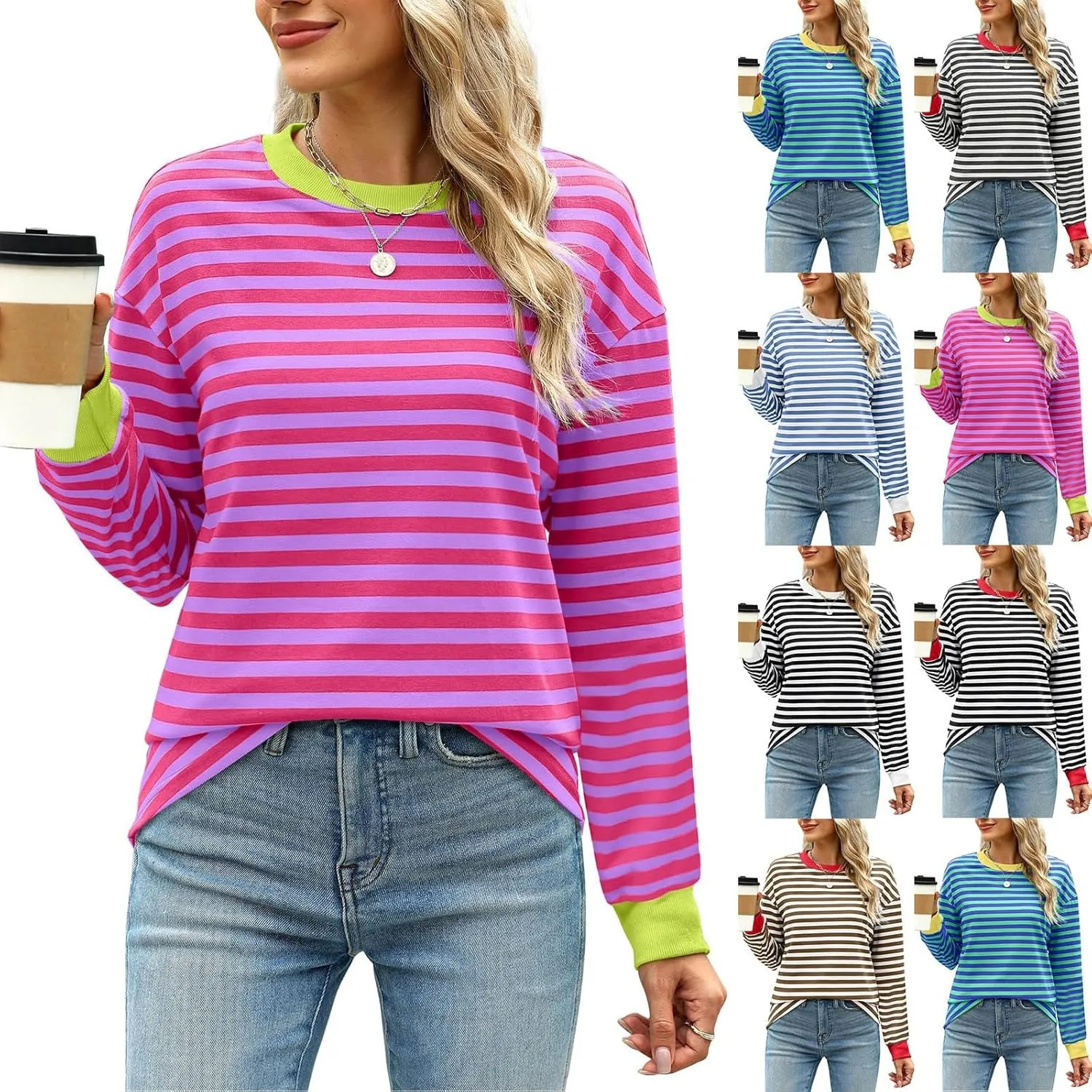 Dressy Striped Tops for Women Round Neck Long Sleeve Drop Shoulder Loose Comfy Tuncis Daily Fashion Work Sweatshirts