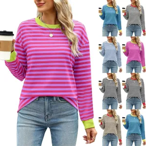 Dressy Striped Tops for Women Round Neck Long Sleeve Drop Shoulder Loose Comfy Tuncis Daily Fashion Work Sweatshirts