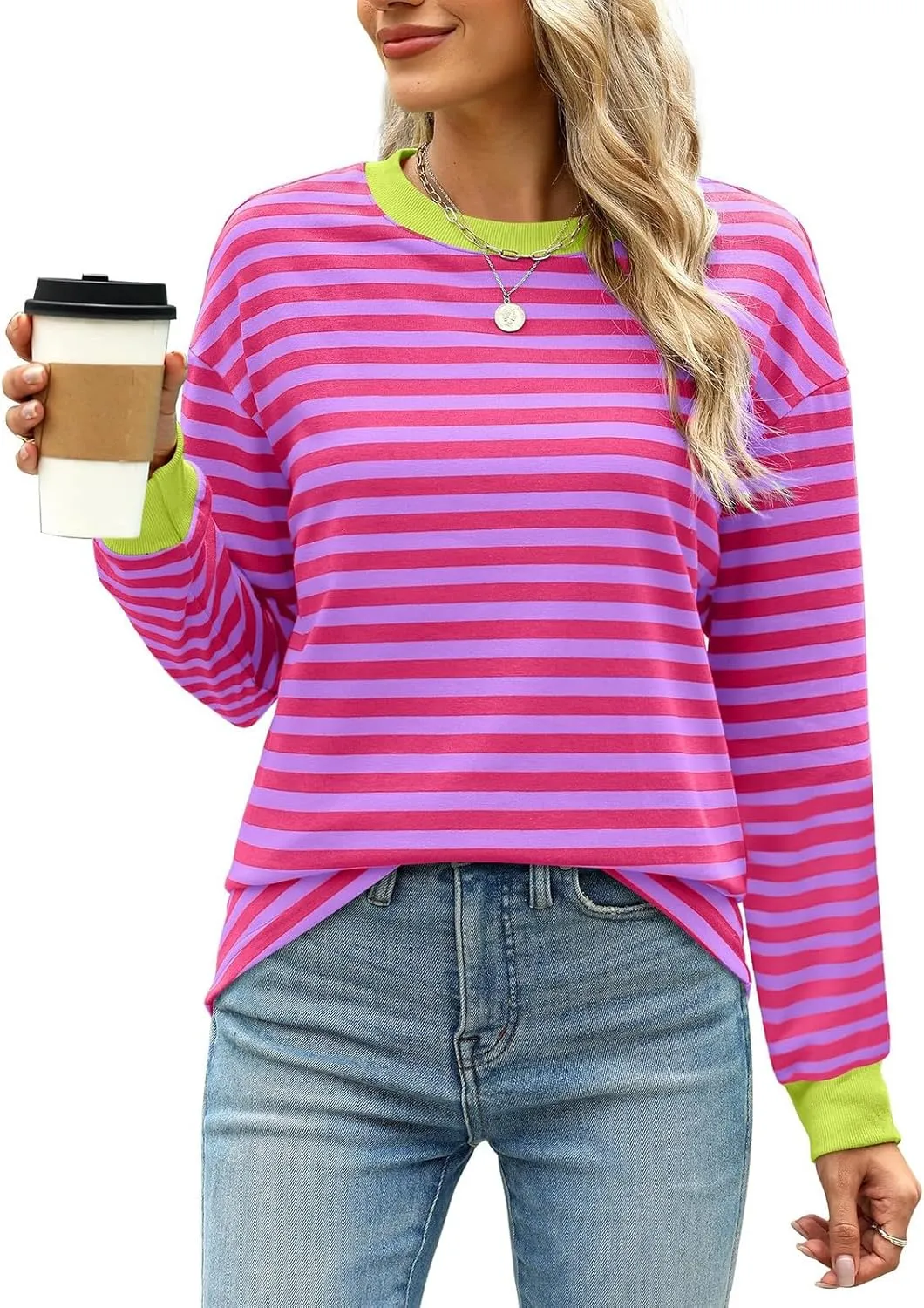 Dressy Striped Tops for Women Round Neck Long Sleeve Drop Shoulder Loose Comfy Tuncis Daily Fashion Work Sweatshirts