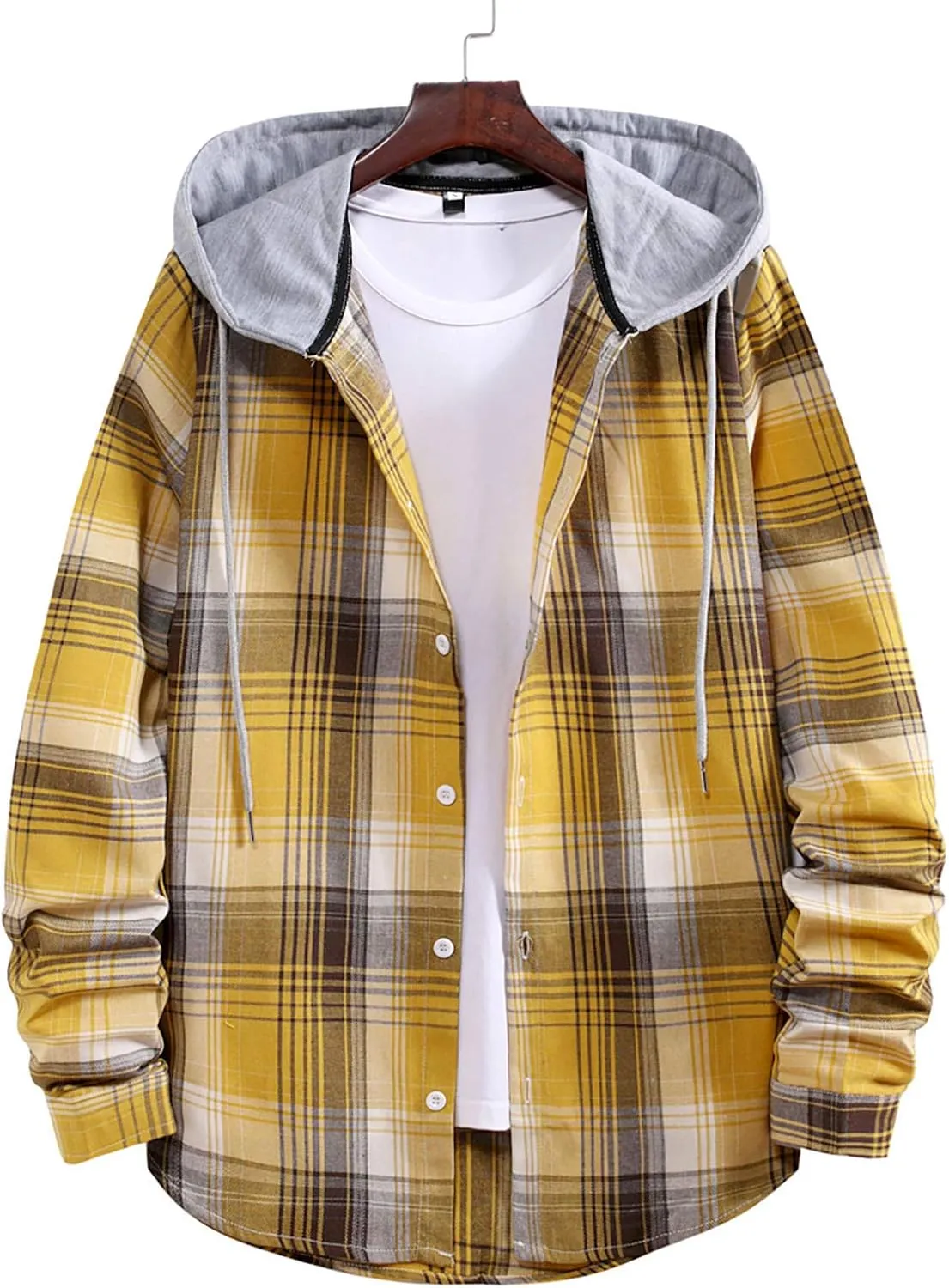 DuDubaby Fall Clothes for Men Fashion Hooded and Plaid Long Sleeve Shirt Jacket Coat