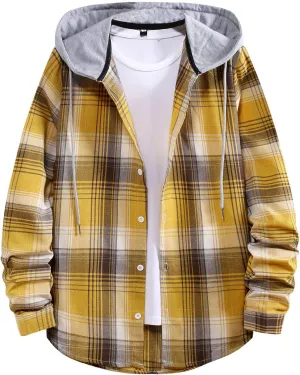 DuDubaby Fall Clothes for Men Fashion Hooded and Plaid Long Sleeve Shirt Jacket Coat