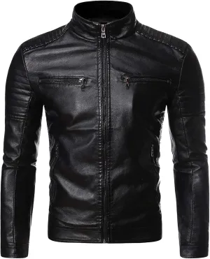 DuDubaby Winter Men's Casual Stand Collar Leather Jacket Coat