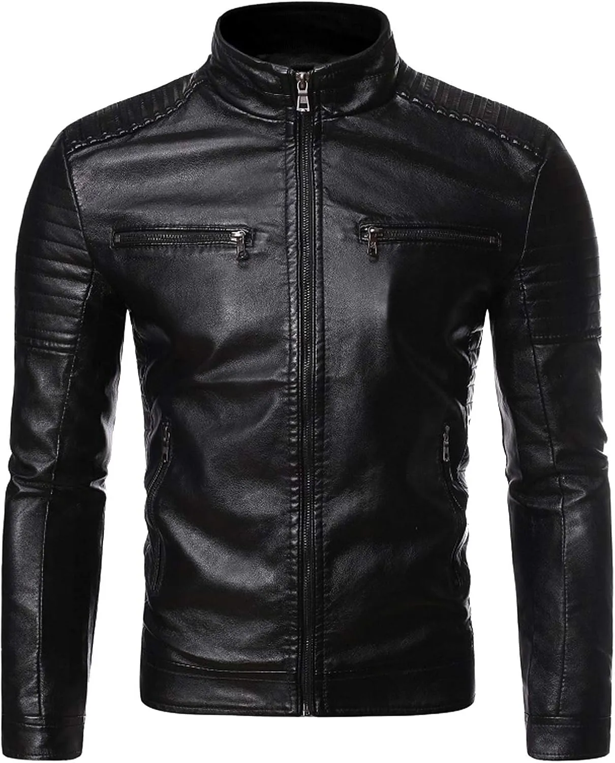 DuDubaby Winter Men's Casual Stand Collar Leather Jacket Coat
